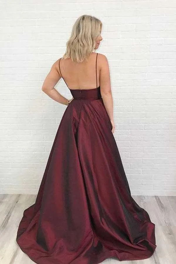 Burgundy Backless Graduation Prom Dress with Pockets