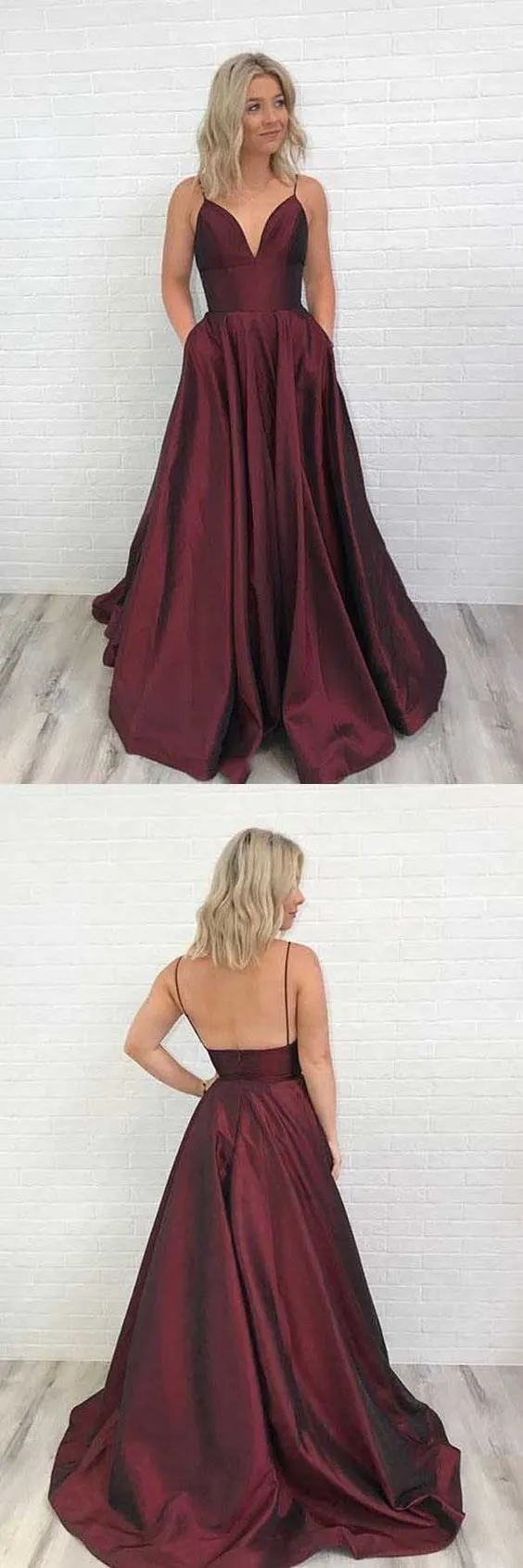 Burgundy Backless Graduation Prom Dress with Pockets