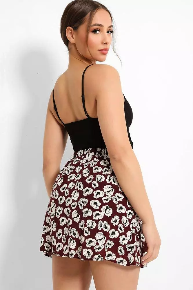 Burgundy Poppy Floral Print Pocketed Skirt