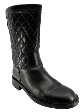 CHANEL Black Calfskin Quilted CC Boots Size 8.5