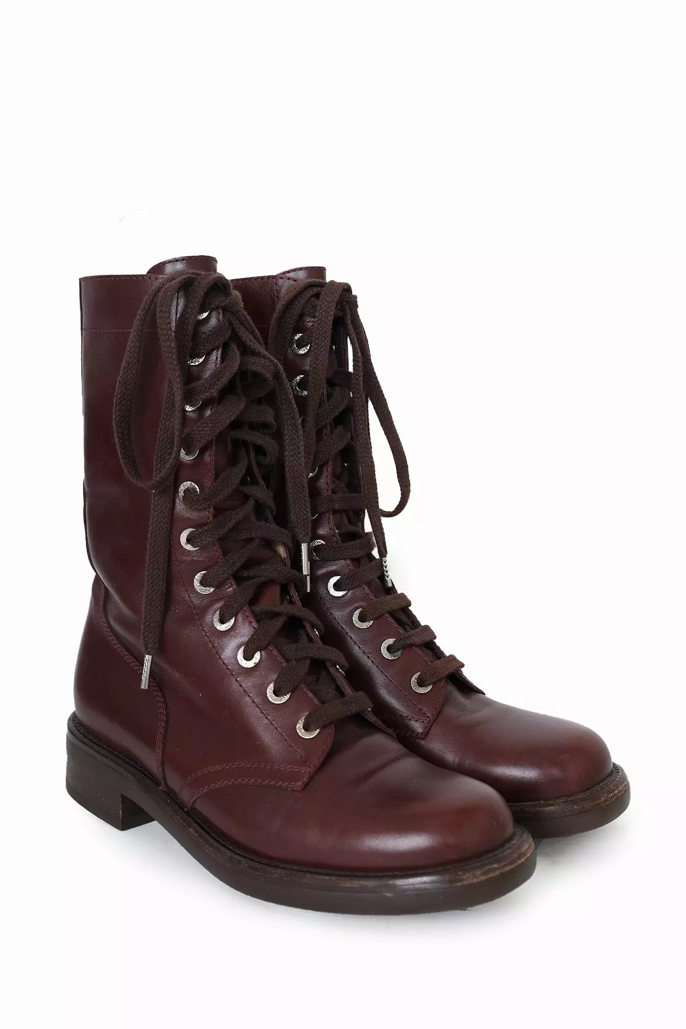 Chanel Burgundy Leather CC Lace-up Ankle Boots Size 38