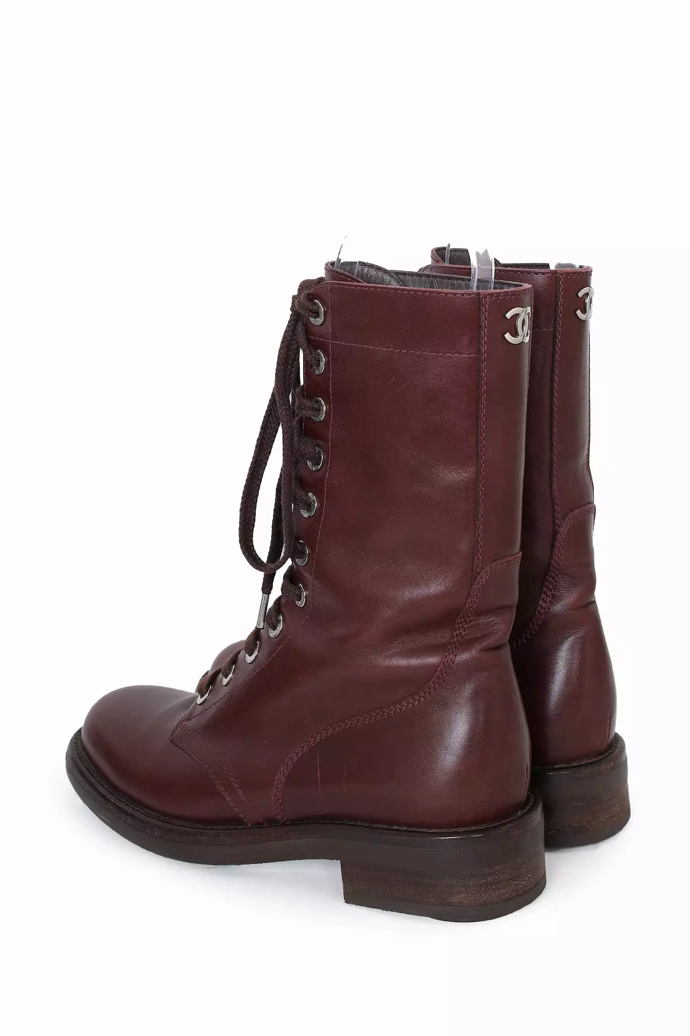 Chanel Burgundy Leather CC Lace-up Ankle Boots Size 38