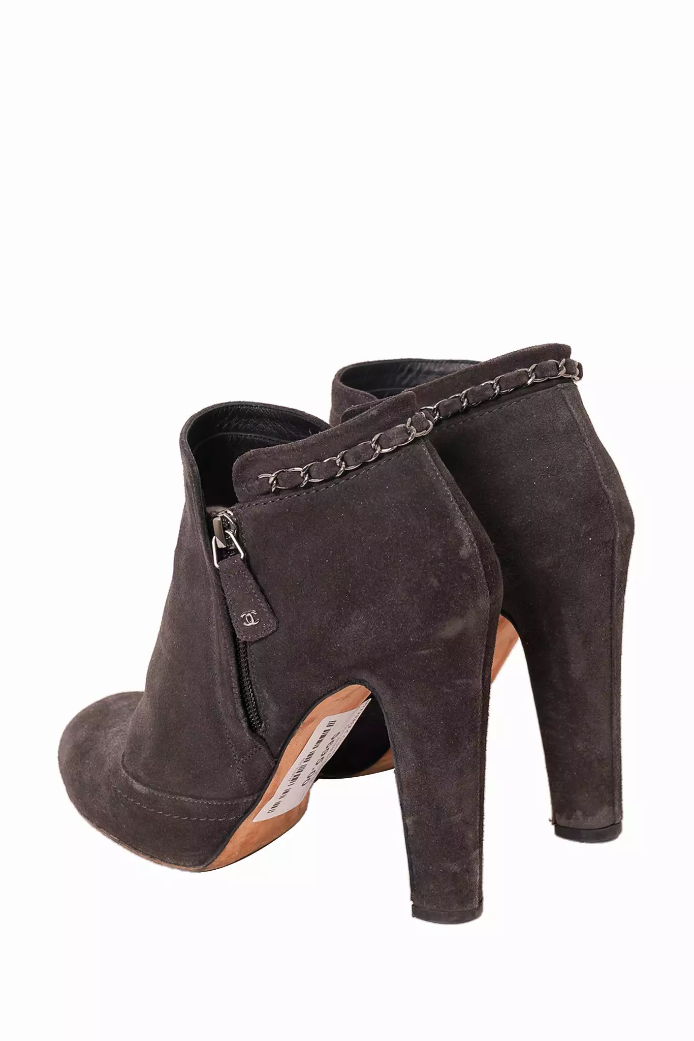 Chanel Grey Suede Chain-Trim Ankle Boots Size 40