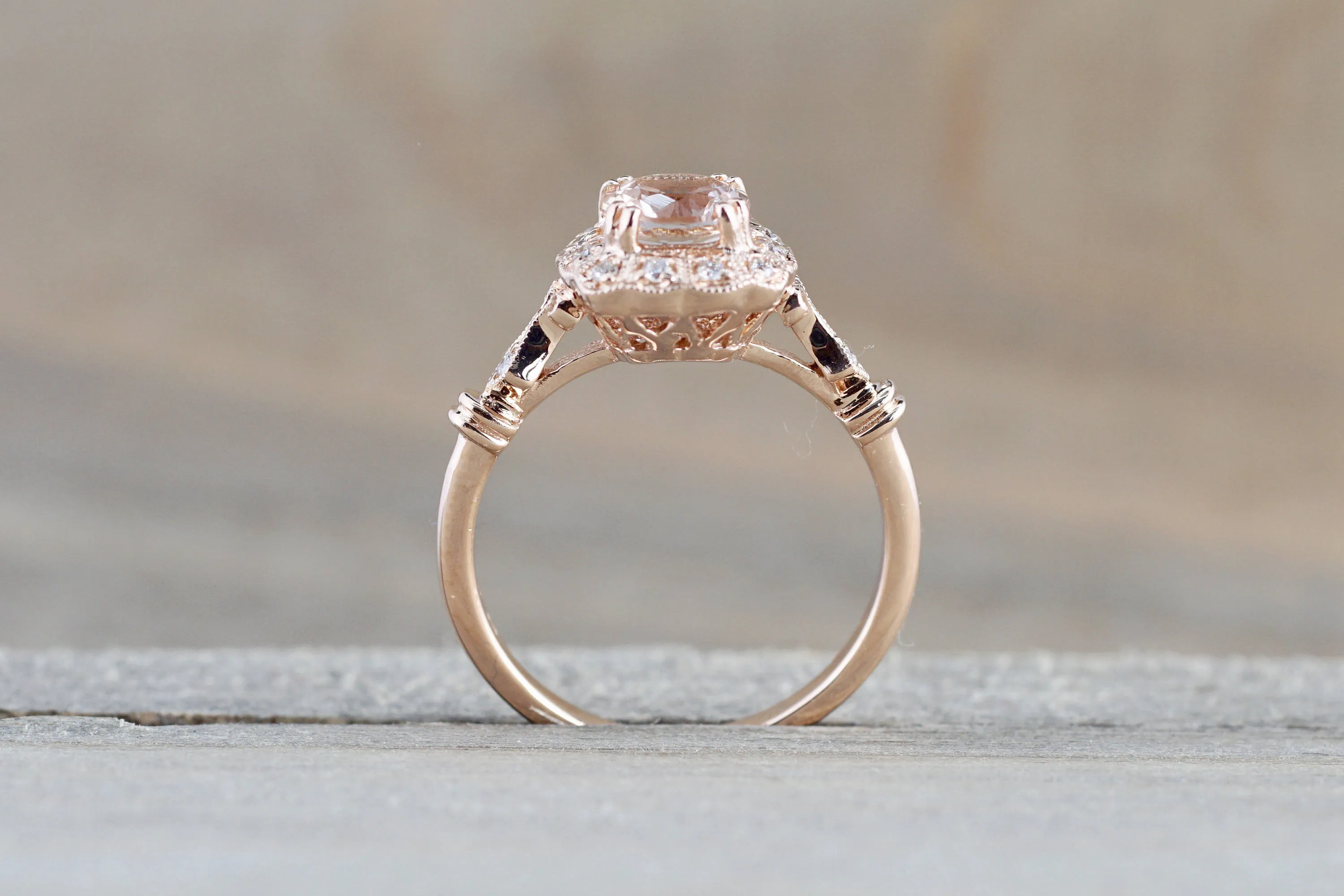 Clovis Gold Vintage Diamond Morganite Engagement Promise Ring Rope Bead Vintage Art Deco