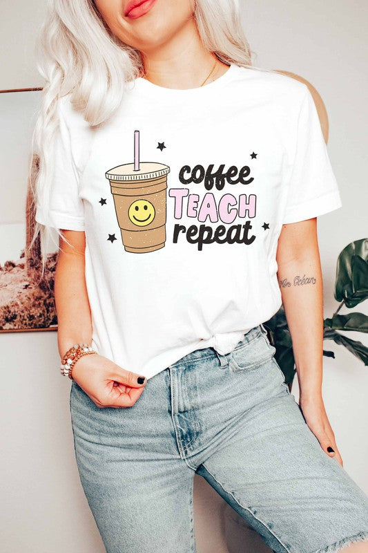 COFFEE TEACH REPEAT GRAPHIC TEE PLUS SIZE