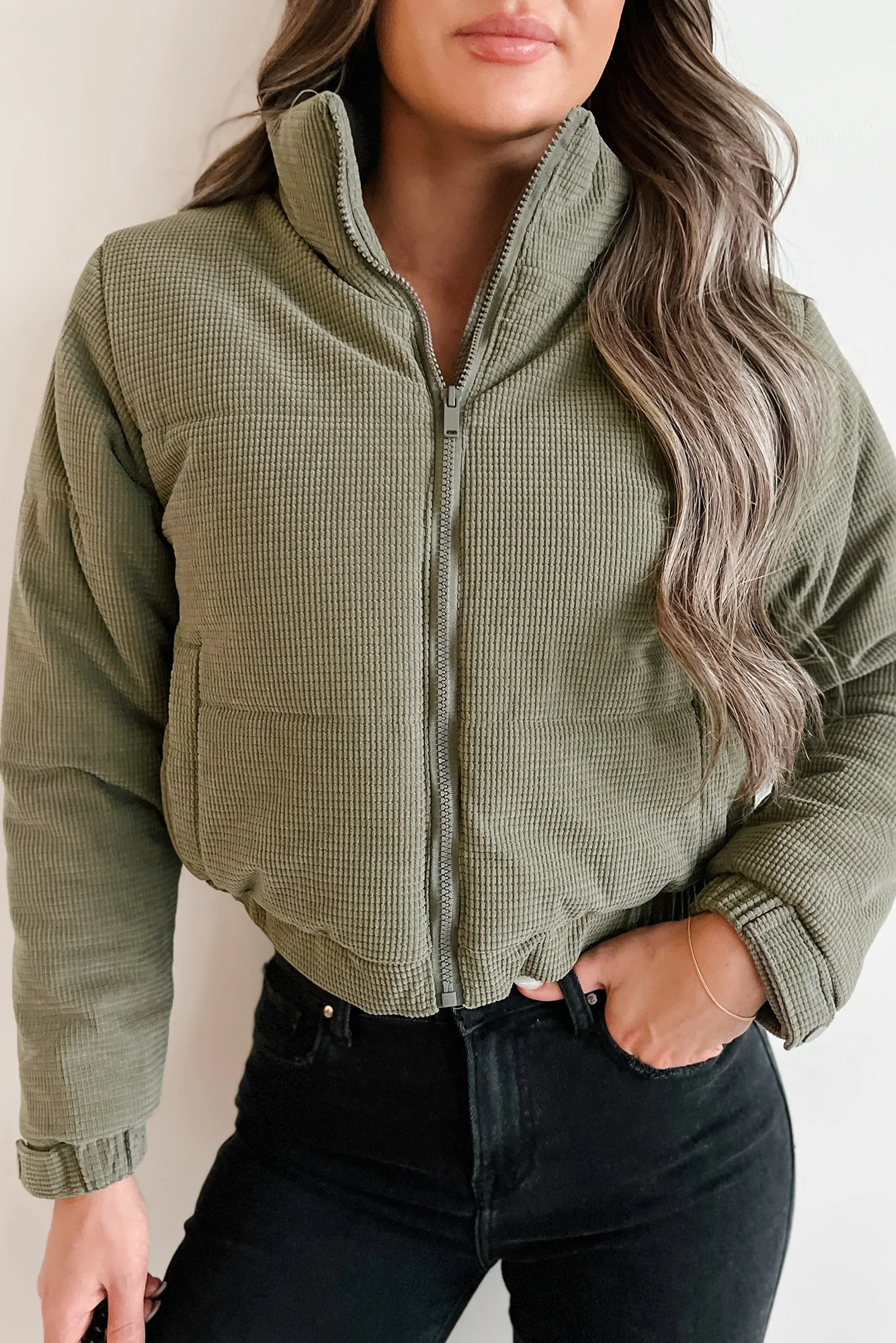 Cold Front Coming Thermal Crop Puffer Jacket (Olive Sage)