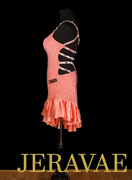 Consignment Fiore Creamy Coral Latin Dress with Satin Skirt Swarovski Stones and Pearls Sz S/M Lat087