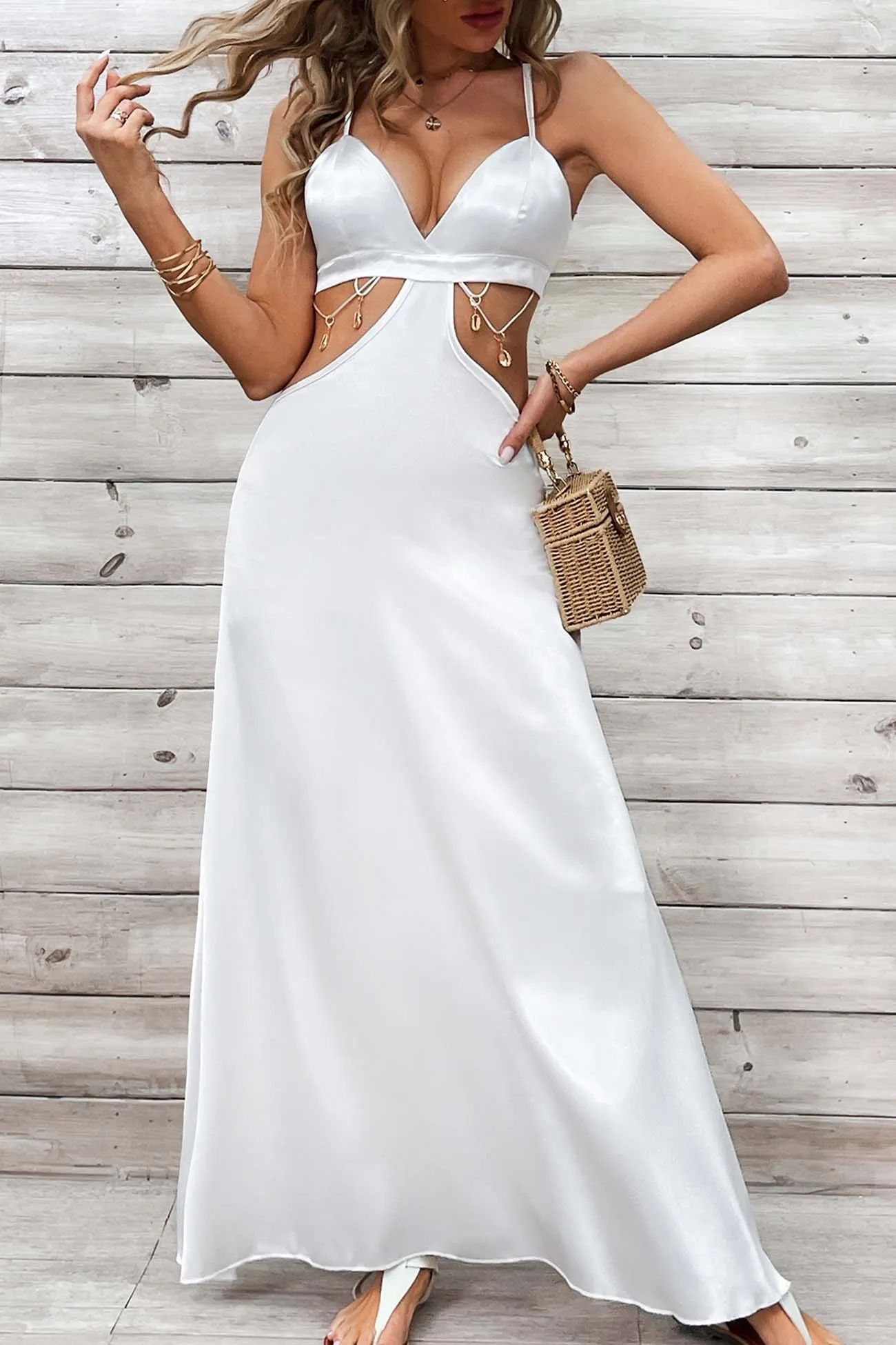 Cutout Backless V Neck A-Line Maxi Dress