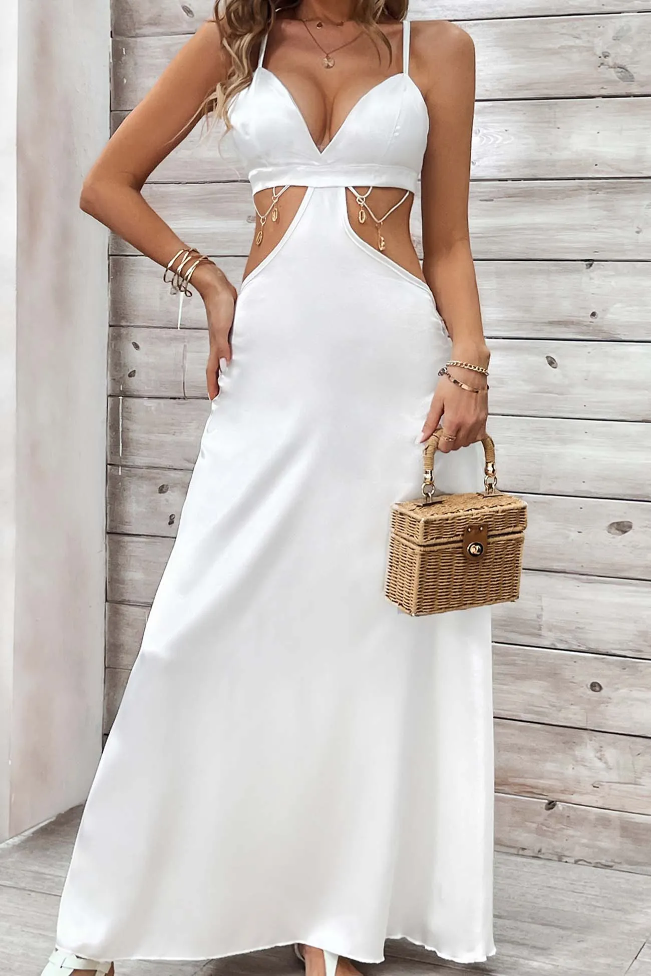 Cutout Backless V Neck A-Line Maxi Dress