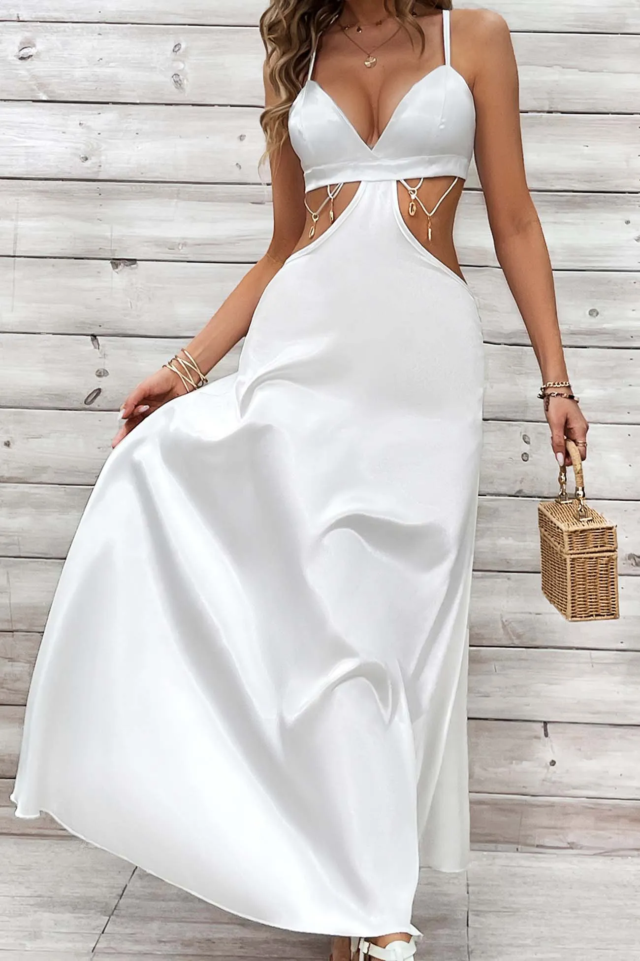 Cutout Backless V Neck A-Line Maxi Dress