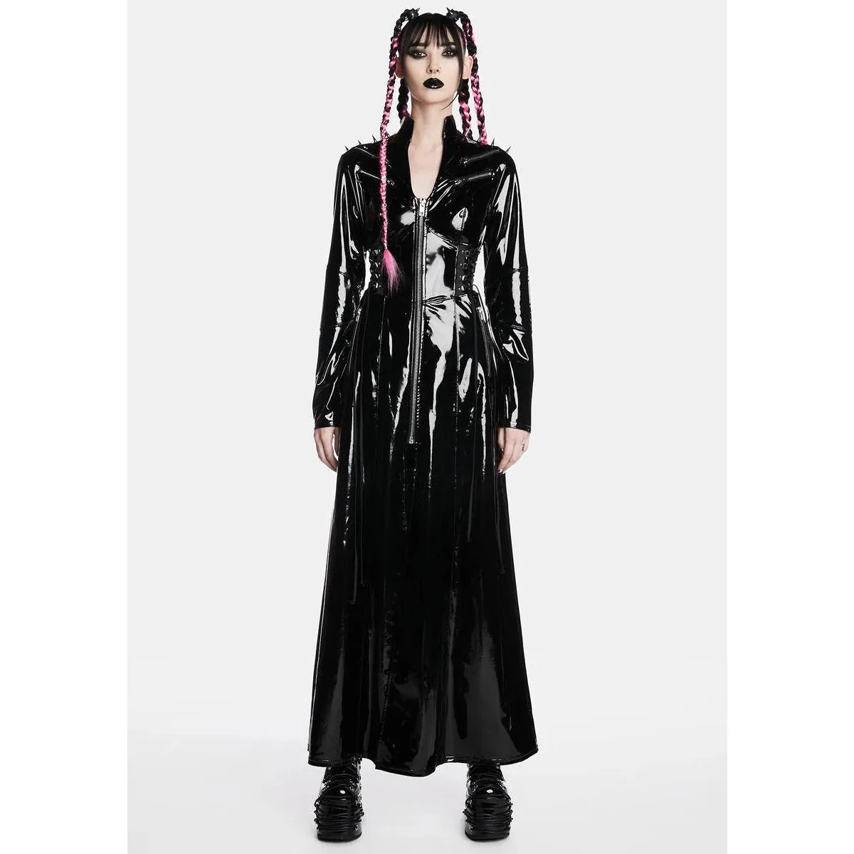 Dolls Kill Widow Fatal Trinity Spike Patent Vinyl Trench Coat Costplay Costume M