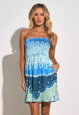 Elan - Bali Strapless Dress  Blue Bali Print