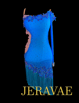 Electric Blue Latin Dress with Single Long Sleeve, Swarovski Stones, Lace Appliqué, Open Side and Back, and Asymmetrical Fringe 