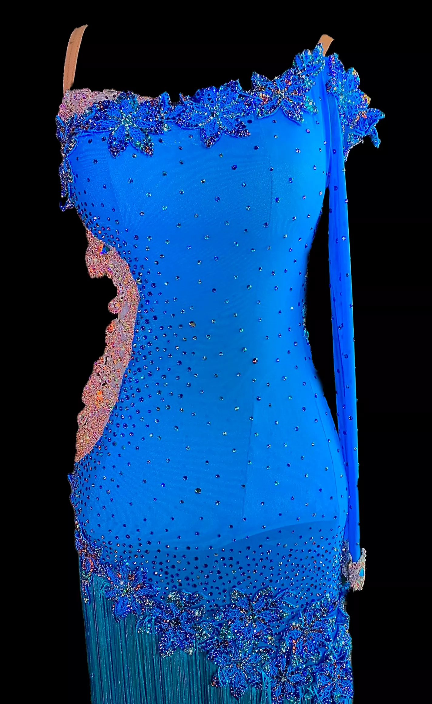 Electric Blue Latin Dress with Single Long Sleeve, Swarovski Stones, Lace Appliqué, Open Side and Back, and Asymmetrical Fringe 