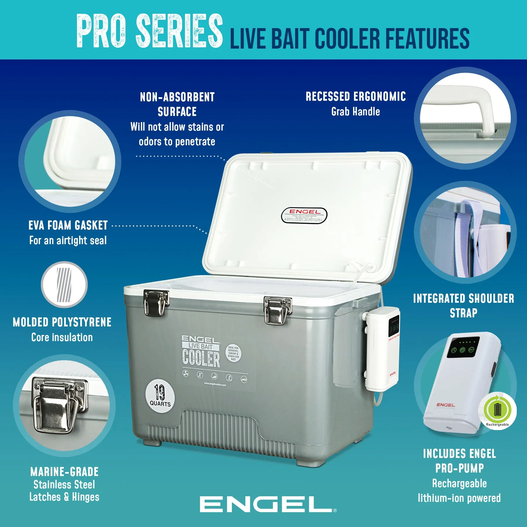 Engel 19Qt Live bait Pro Cooler with AP3 Rechargeable Aerator & Stainless Hardware