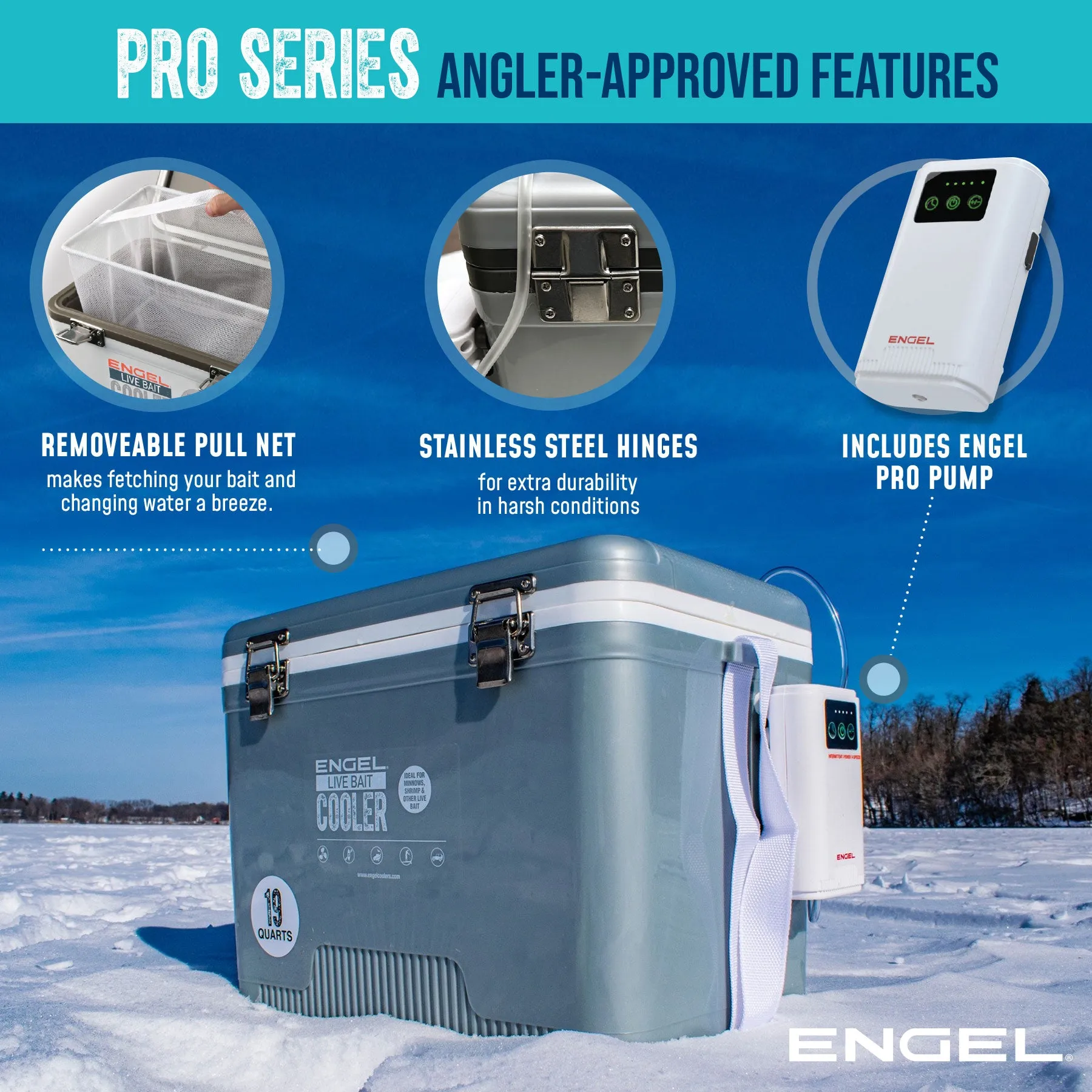 Engel 19Qt Live bait Pro Cooler with AP3 Rechargeable Aerator & Stainless Hardware