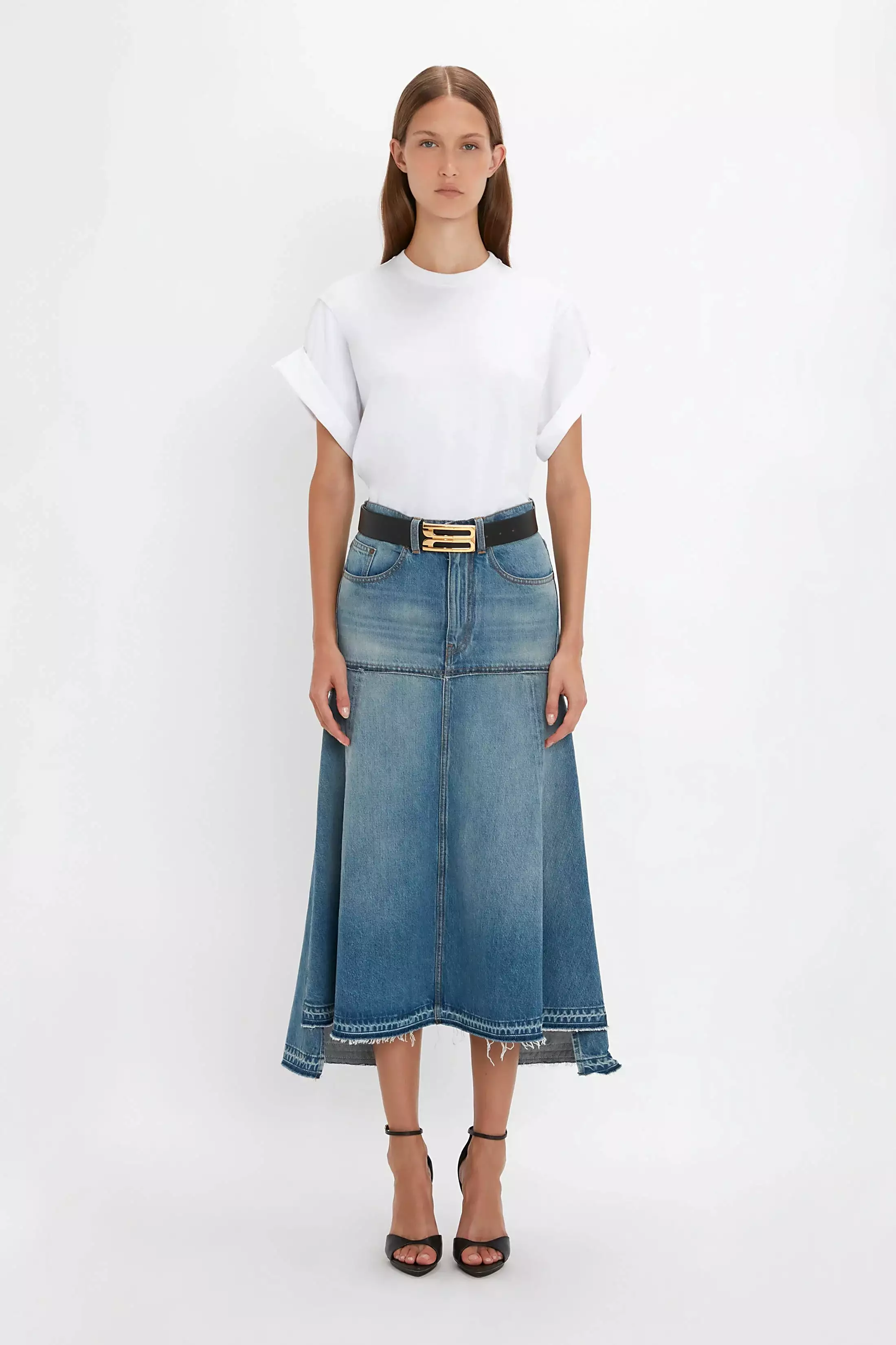 Fit and Flare Patched Denim Skirt