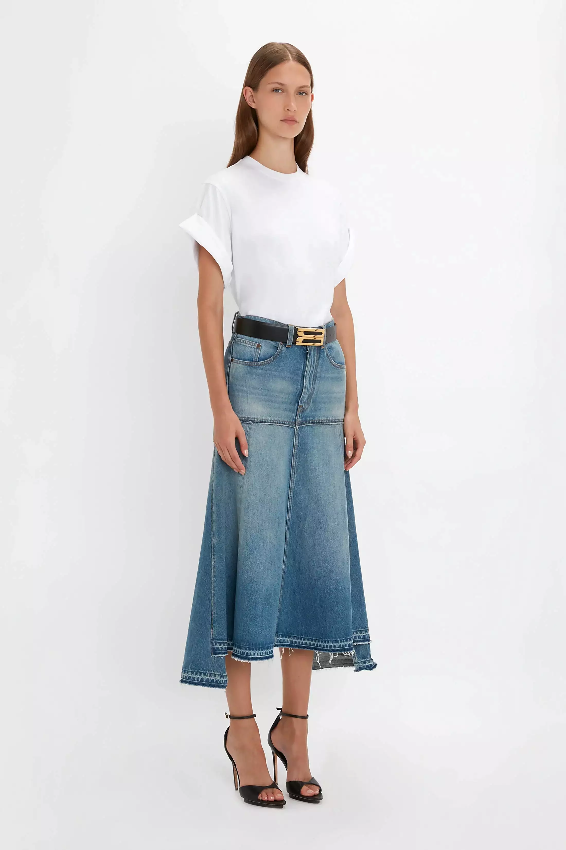 Fit and Flare Patched Denim Skirt