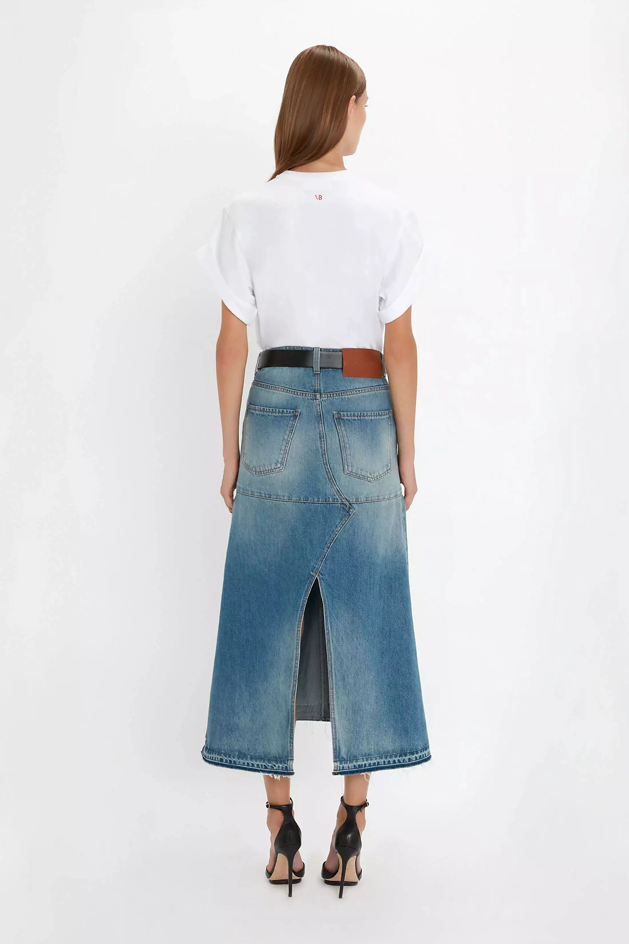 Fit and Flare Patched Denim Skirt