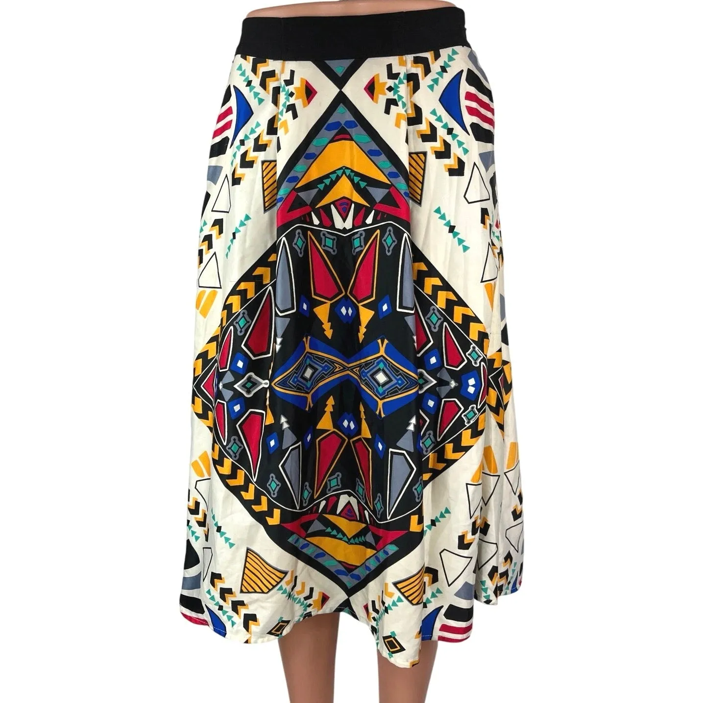 Francesca's White Multicolor Silky Satin Geometric Print Zip Midi A-Line Skirt S