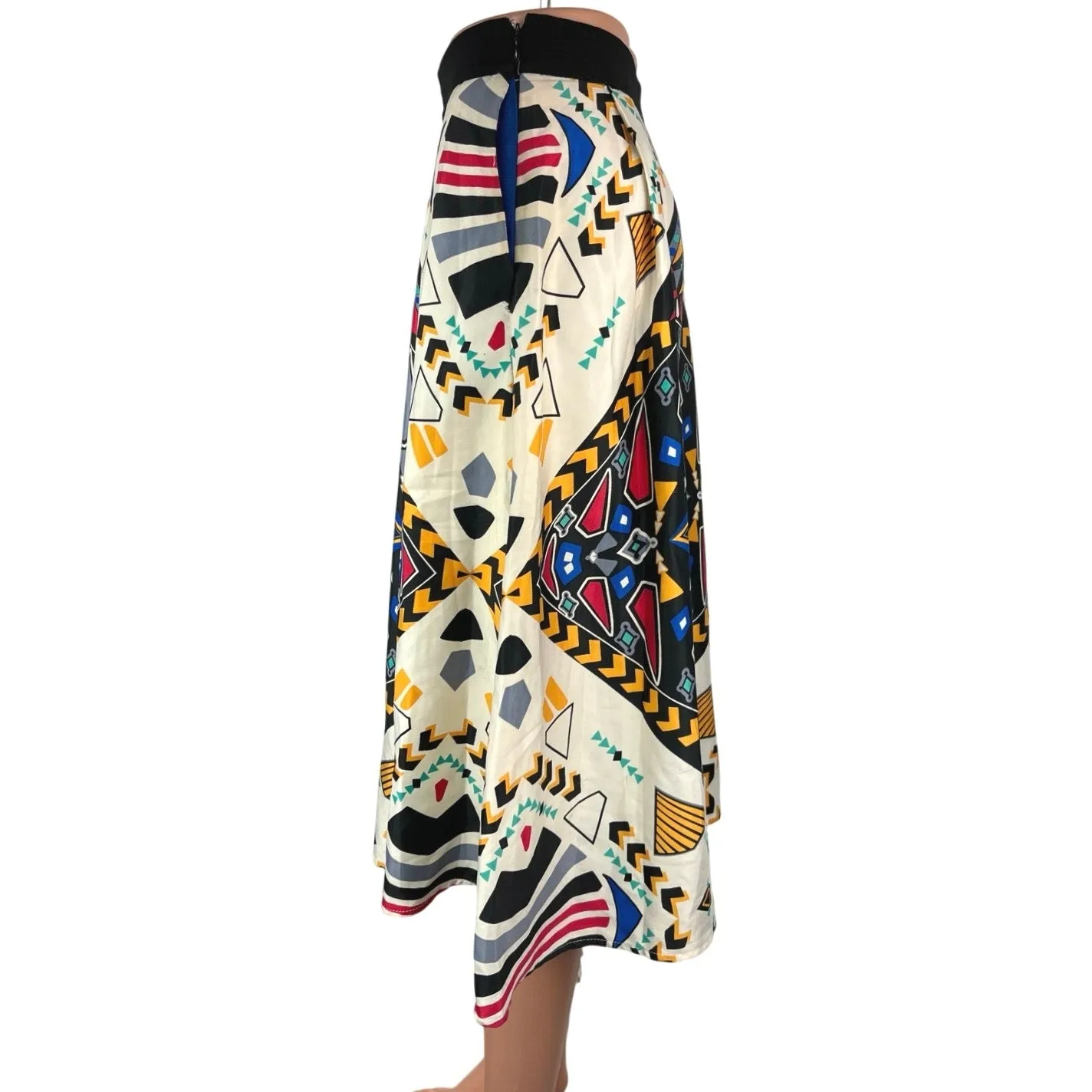 Francesca's White Multicolor Silky Satin Geometric Print Zip Midi A-Line Skirt S