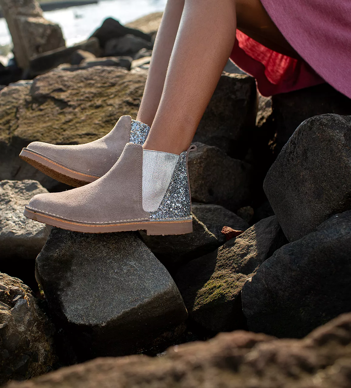 Glitter and Suede Chelsea Boots in Taupe