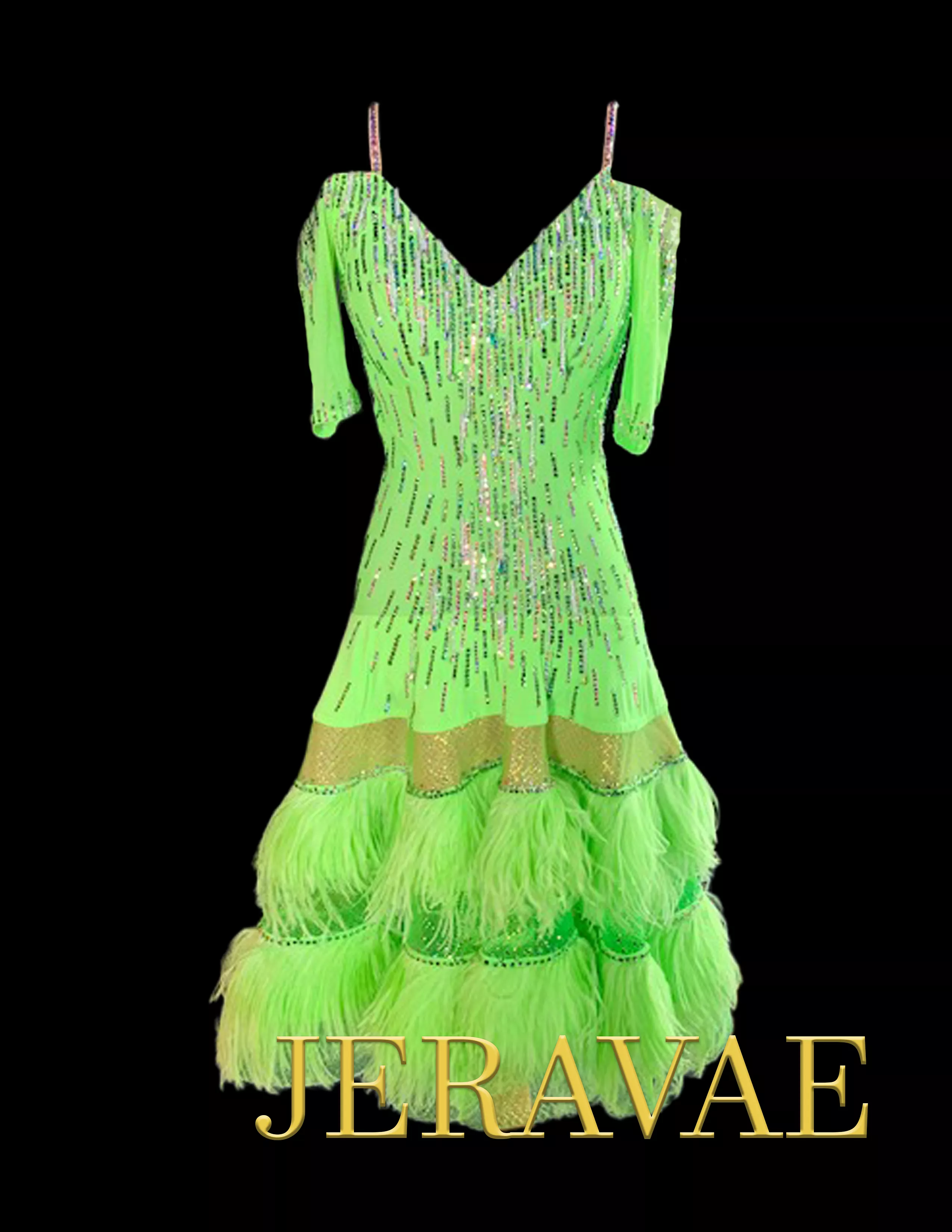 Green Apple Blossom Latin Dress with Circle Skirt, Feathers, Swarovski Crystals, and Open Back by Artistry in Motion Sz XS Lat16