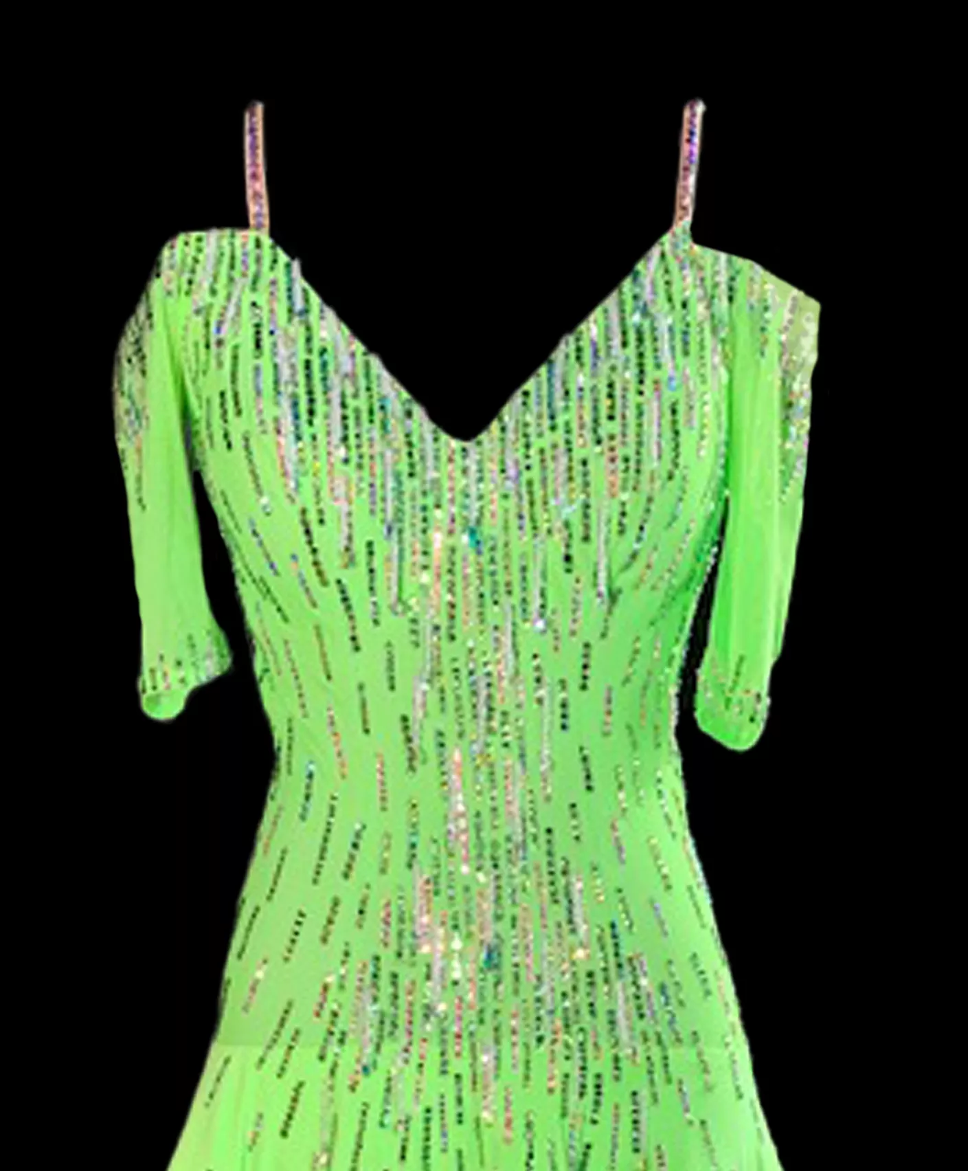 Green Apple Blossom Latin Dress with Circle Skirt, Feathers, Swarovski Crystals, and Open Back by Artistry in Motion Sz XS Lat16