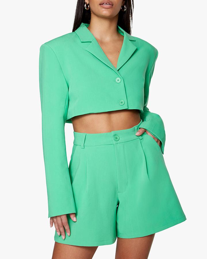 Green cropped herringbone twill blazer