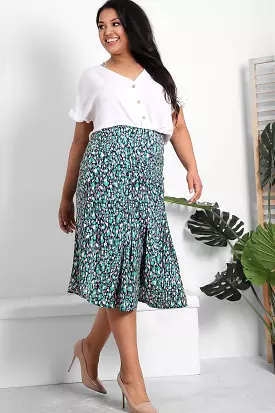 Green Pink Brush Strokes Print Satin Skirt