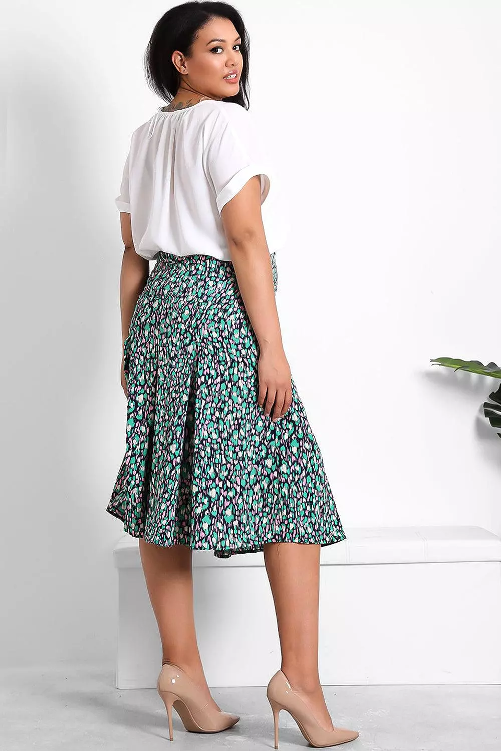 Green Pink Brush Strokes Print Satin Skirt