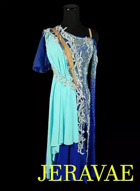 Heavily Stoned Blue Sash Latin Rhythm Dress With Lace Detail and Full Skirt LAT038 sz Large