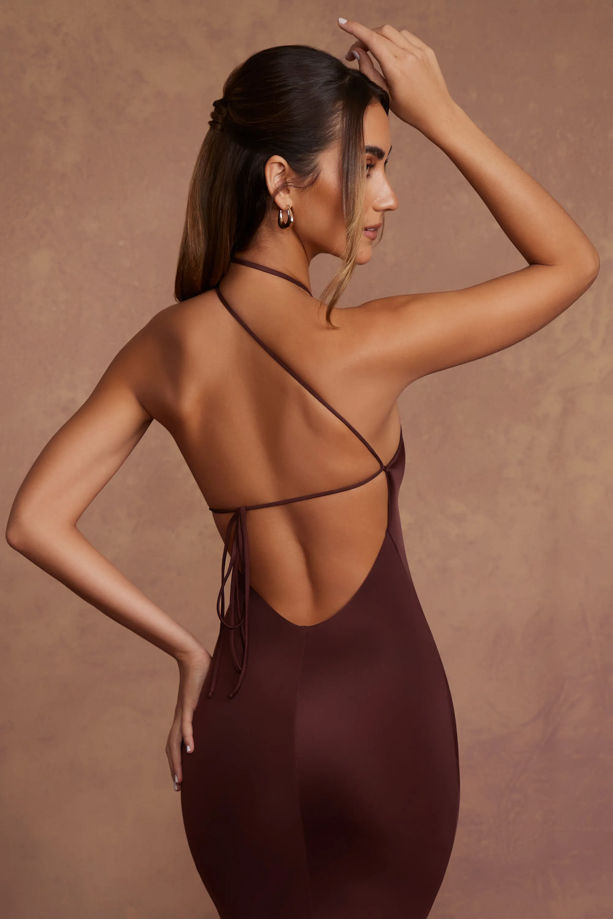 High Neck Backless Midaxi Dress in Brown