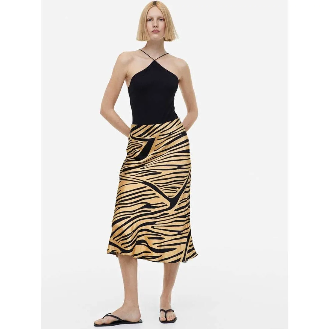 H&M Gold Metallic Zebra Animal Print Silk Satin Straight Pencil Slip Skirt Sz S