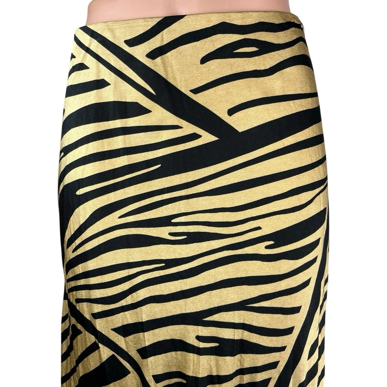 H&M Gold Metallic Zebra Animal Print Silk Satin Straight Pencil Slip Skirt Sz S