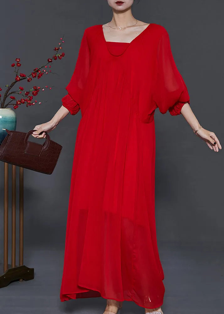 Italian Red Backless Chiffon Vestidos Long Dress Batwing Sleeve