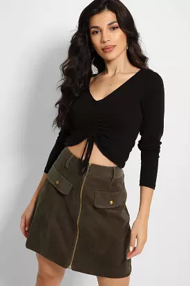 Khaki Zip Front Mini Corduroy Skirt