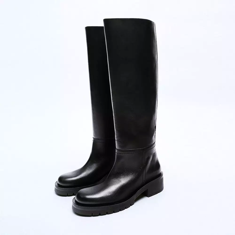 Knee High Boots Full Cow Leather Warm Flats Thick High Heels Motorcycle Boots Woman Lady Shoes 34-43