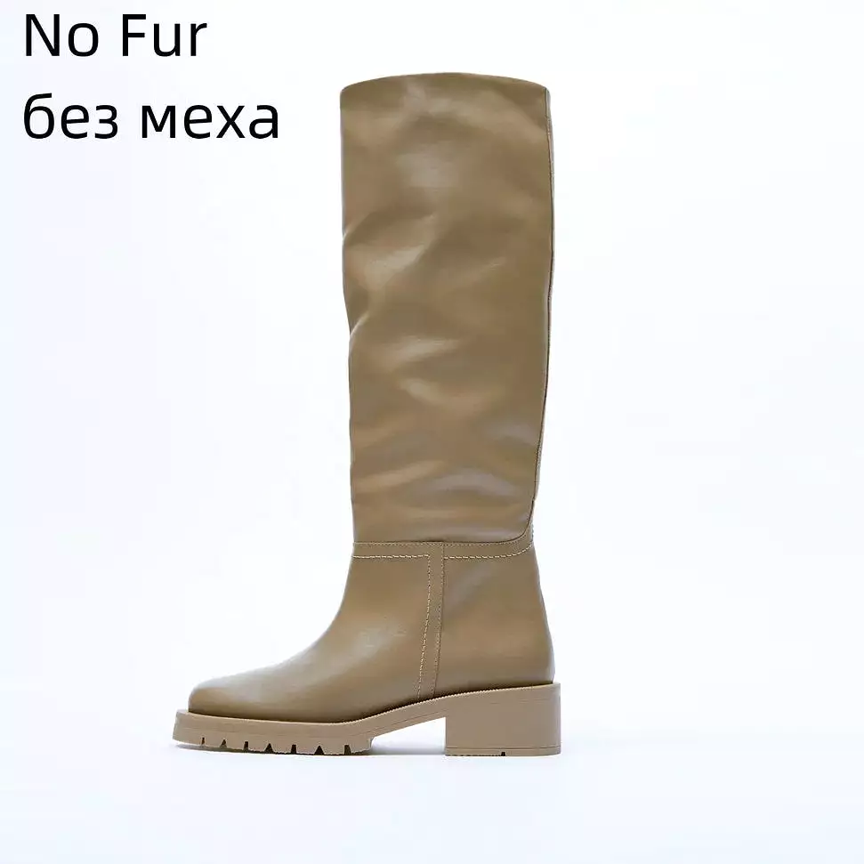 Knee High Boots Full Cow Leather Warm Flats Thick High Heels Motorcycle Boots Woman Lady Shoes 34-43