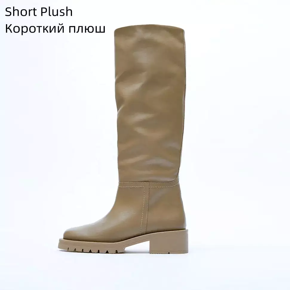 Knee High Boots Full Cow Leather Warm Flats Thick High Heels Motorcycle Boots Woman Lady Shoes 34-43