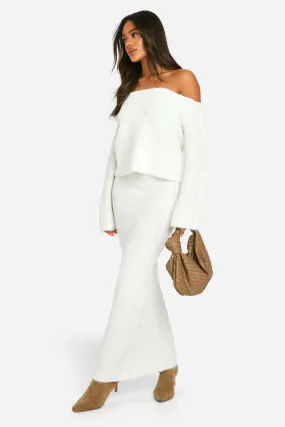 Knitted Oversized Off The Shoulder Sweater And Maxi Skirt Set