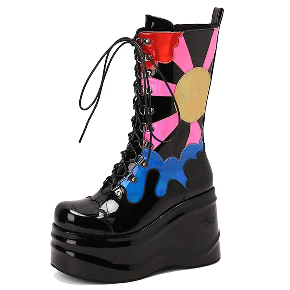 Lace-up High Platform Boots Fashion Mixed Colors Wedges High Heels