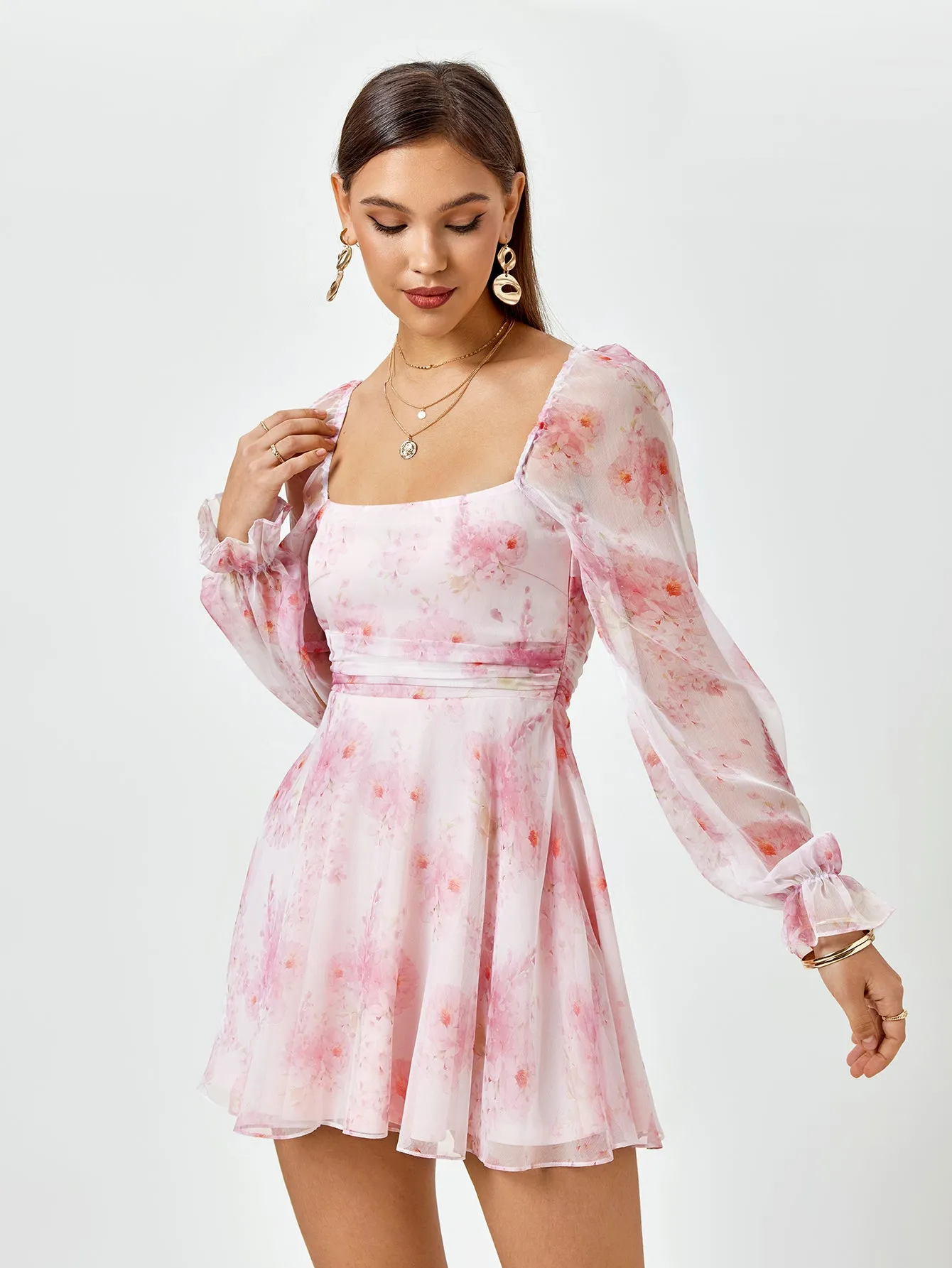 Lantern Sleeve Backless Floral Mini Dress