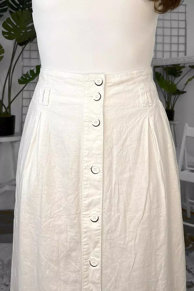 Linen Blend Buttoned Down Midi Skirt