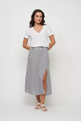 LINEN SKIRT WITH SLIT (NAVY STRIPE) - PISTACHE