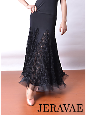 Long Black Ballroom Practice Skirt with 3D Floral Mesh Panels and Horsehair Hem Available in Sizes S-3XL PRA 514