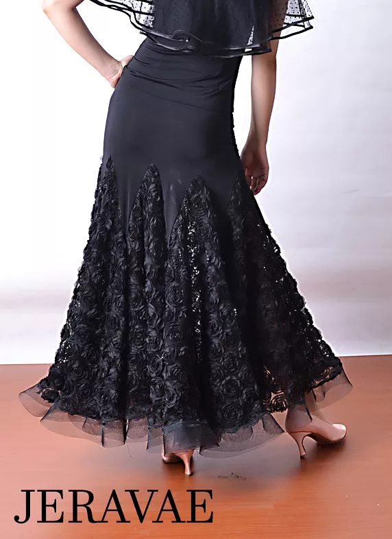 Long Black Ballroom Practice Skirt with 3D Floral Mesh Panels and Horsehair Hem Available in Sizes S-3XL PRA 514