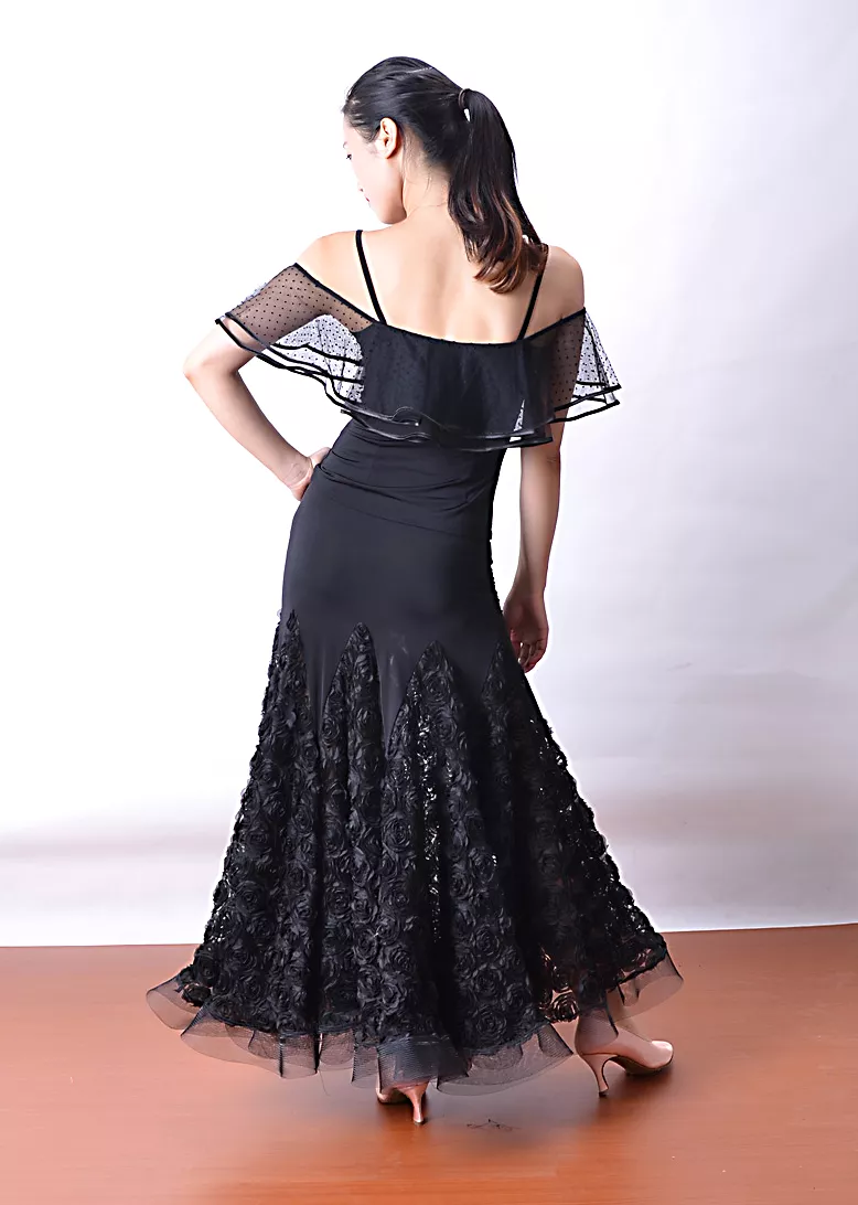 Long Black Ballroom Practice Skirt with 3D Floral Mesh Panels and Horsehair Hem Available in Sizes S-3XL PRA 514