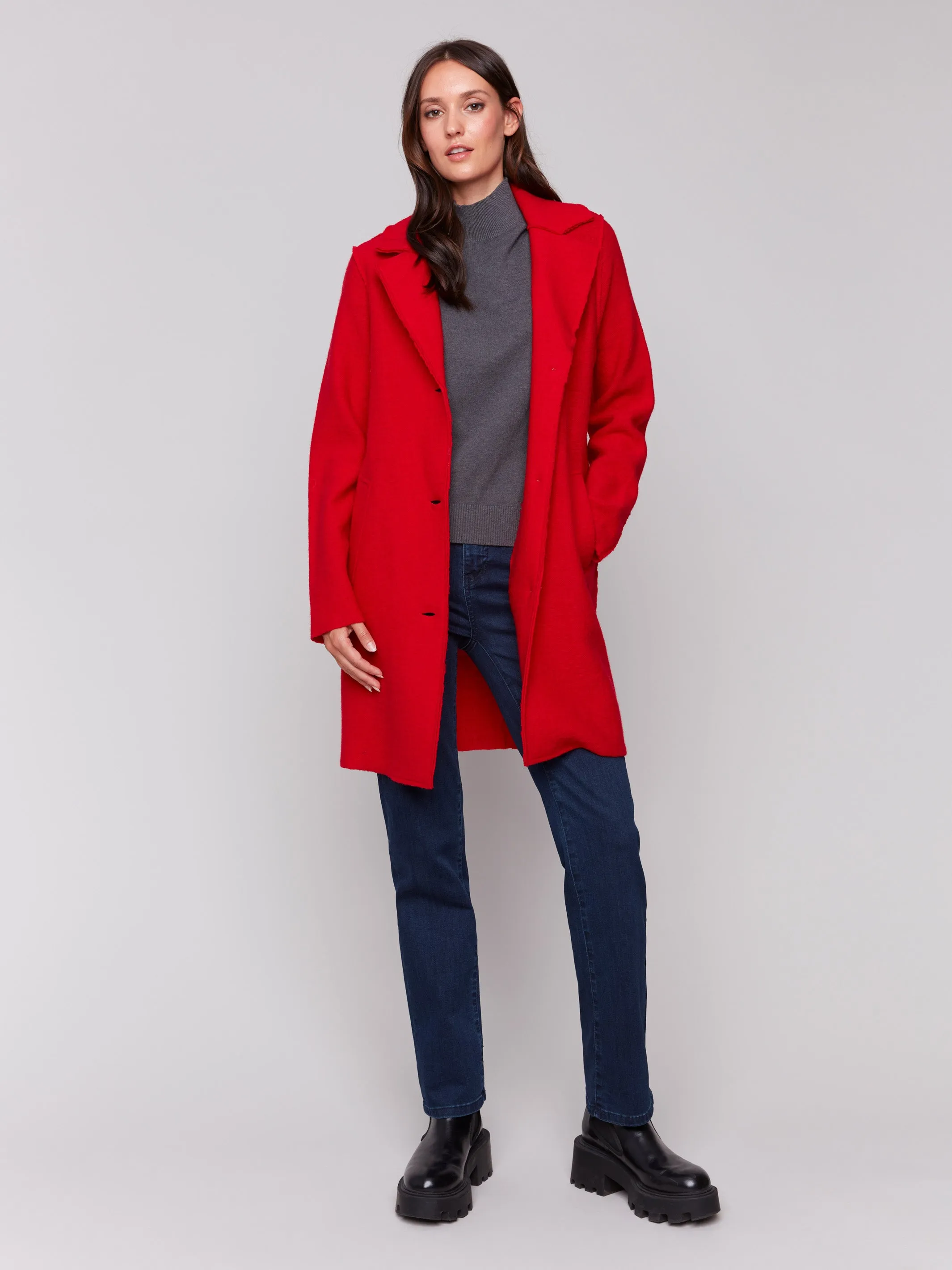 Long Boiled Wool Coat - Cranberry