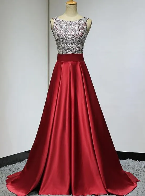 Lovely Satin Red Sequins Backless Satin Long Prom Dress, New Prom Dress